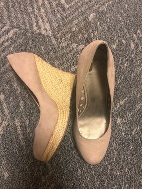 Fergalicious Taupe Suede Espadrille Wedge Pumps